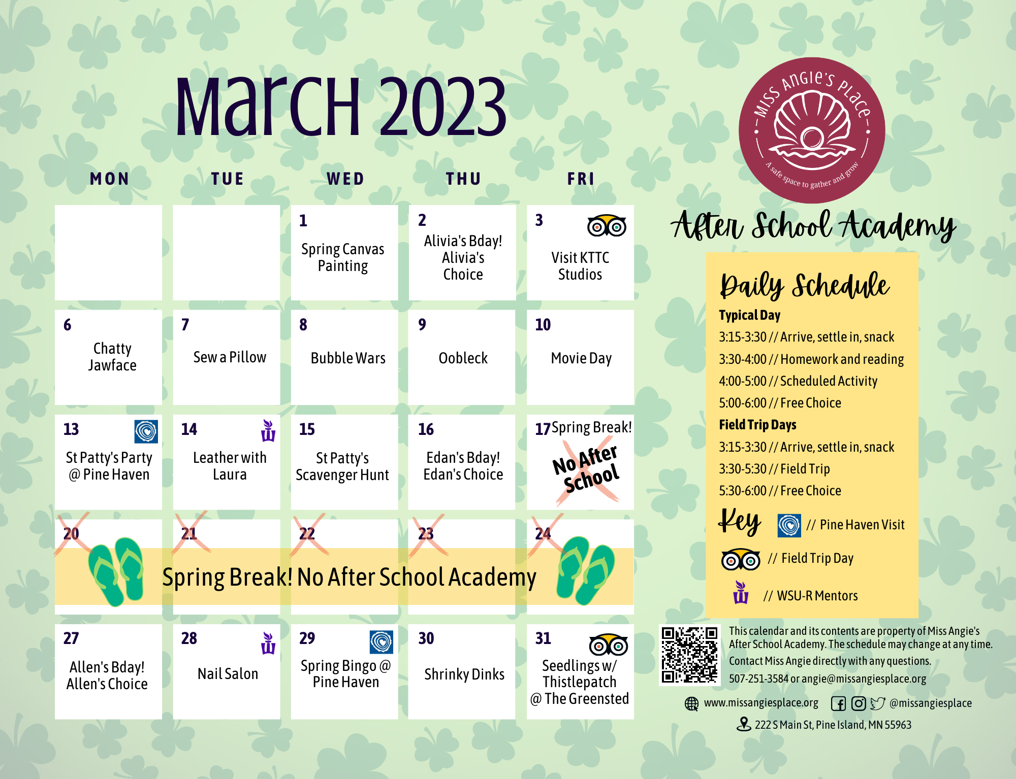 After School Academy March Calendar! Miss Angie's Place